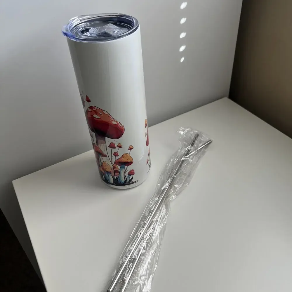 Custom Printed 20oz Tumbler Boho Mushroom With Lid Straws And Straw Cleaner